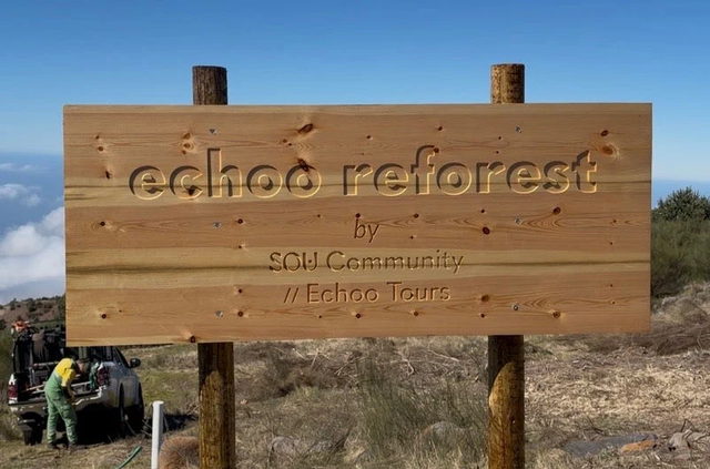 Placa de madeira «echoo reforest», na serra, com uma carrinha de plantação ao fundo